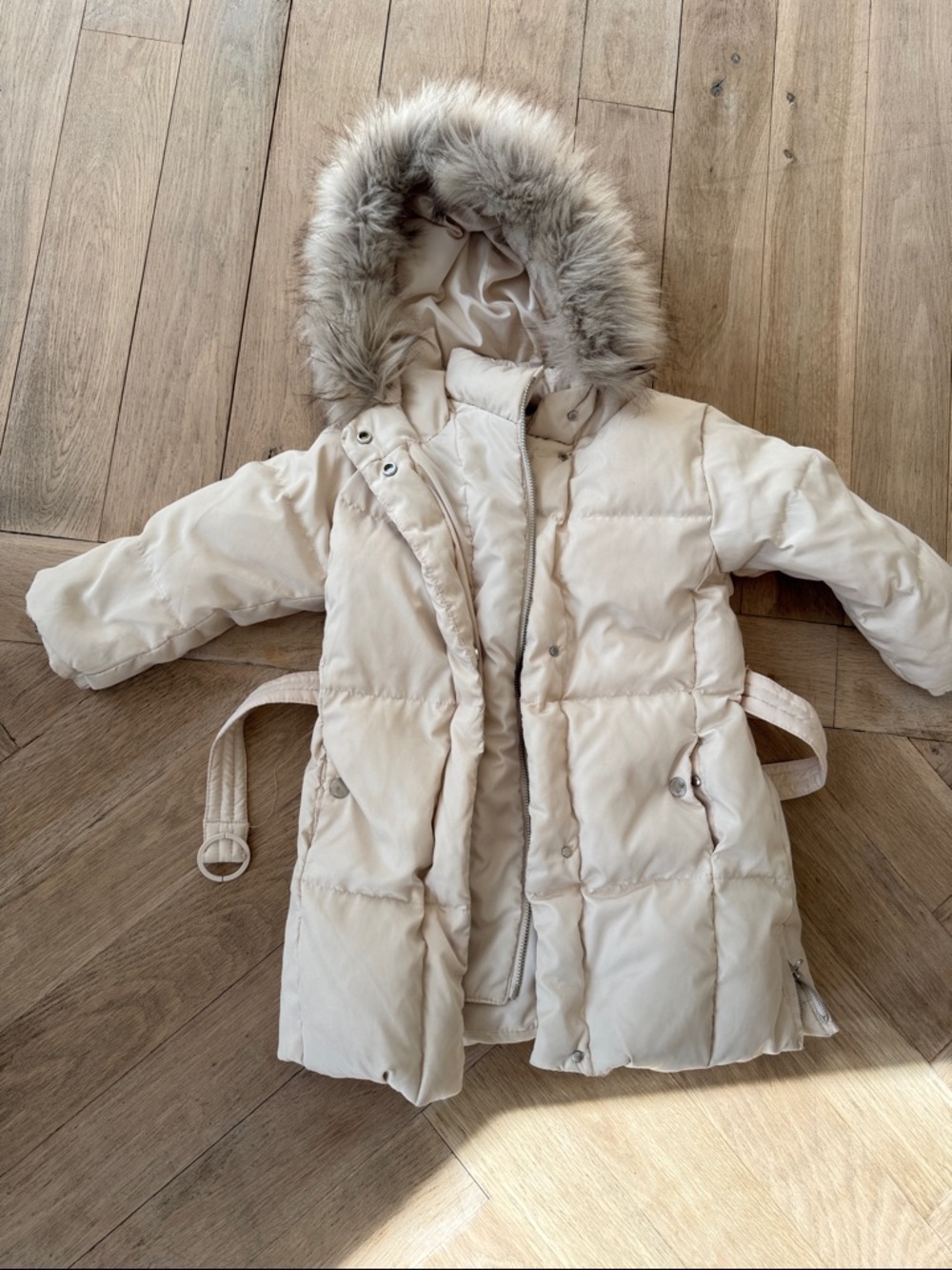 Zara Cream Puffer Coat with Faux Fur Trim